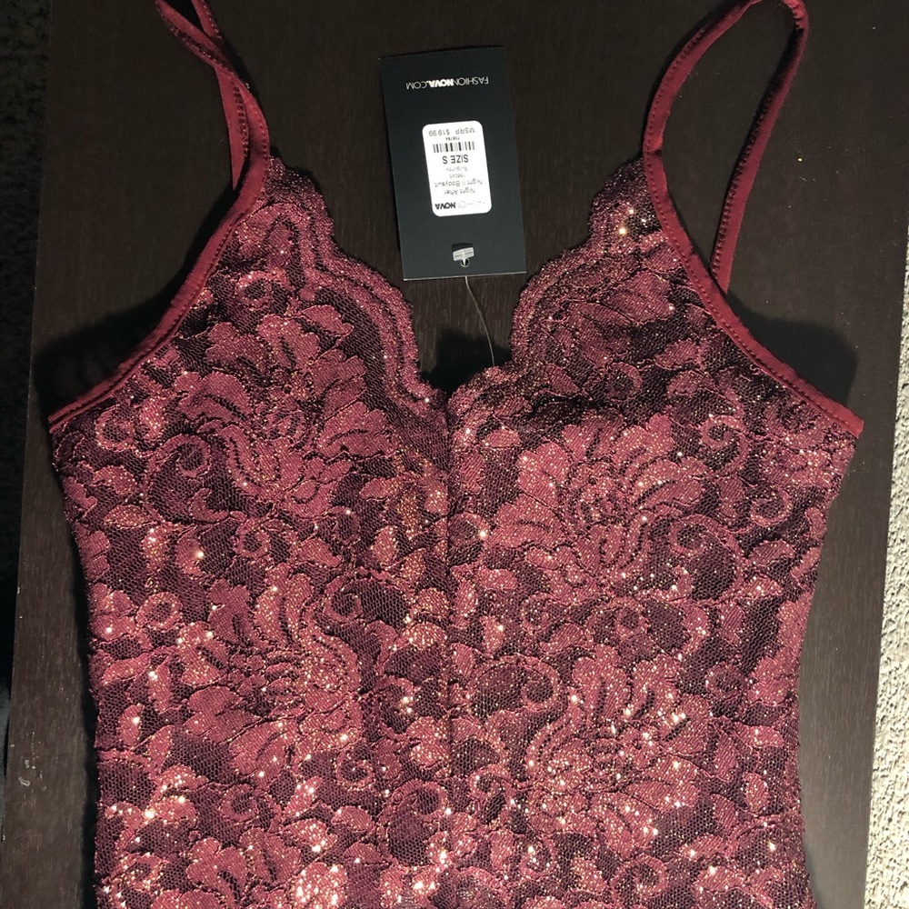 Burgundy lace with glitter body suit
